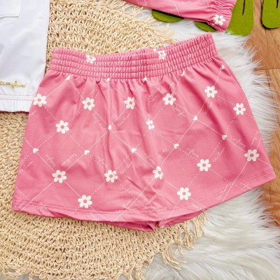 Conj. Jaqueta e Short Saia Florzinhas - Rosa e Branco